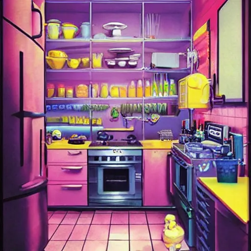 Image similar to IKEA catalogue photo of a cyberpunk kitchen, by Paul Lehr