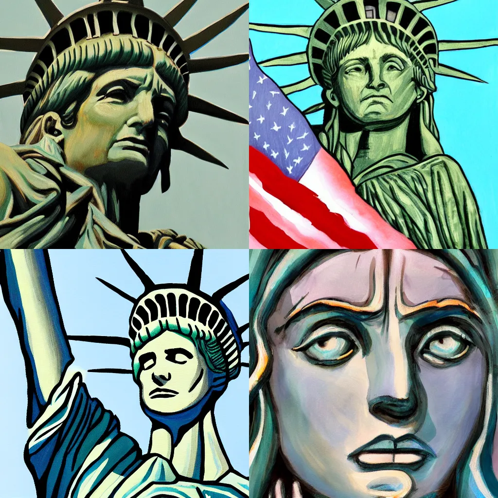 Prompt: tear streaked lady liberty. liberty weeping over america | painting trending on artstation