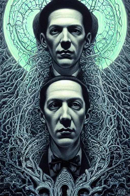Image similar to h. p. lovecraft portrait, alex grey, patrick woodroffe, mark ryden created by gustave dore and greg rutkowski, high detailed, smooth draw, synthwave neon retro, intricate, realistic proportions, dramatic lighting, trending on artstation