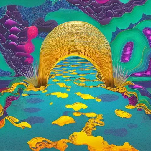 Image similar to a vintage album cover of a trippy lake surrounded by abstract flowers, an arch emerging from the water made of golden fabric, photo - realistic, hyper - real, beautiful lighting