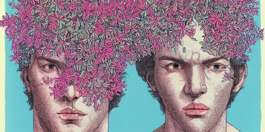 Image similar to risograph grainy drawing protagonist face, pastel colors, with huge piersing, face covered with plants and flowers, by moebius and satisho kon and dirk dzimirsky close - up portrait, perfect blue, paprika