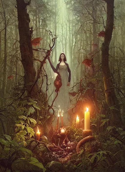 Prompt: a hyper realistic witch shrine, candles, in the woods, distant explosions, gorgeous lighting, lush forest foliage, painting by chiara bautista and tom bagshaw, mucha, beksinski and norman rockwell and greg rutkowski weta studio, and lucasfilm