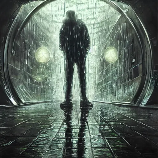 Image similar to a drenched man in a rainy alleyway placing a coin in a vending machine opens an alien portal into another dimension, vivid caustics into another universe, realistic photography, beautiful interior, hyperrealism, incredible, award - winning photography, by greg rutkowski, lovecraftian