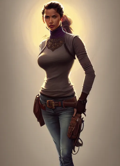 Image similar to portrait of a full body of beautiful young female detective, d & d, sleeveless turtleneck, fantasy, flat lighting, intricate, highly detailed, digital painting, artstation, concept art, smooth, sharp focus, illustration, adriana lima, art by simon bisley and greg rutkowski and alphonse mucha, natural tpose