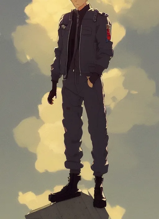 Image similar to a handsome young man! model, wearing ma - 1 flight suit jacket and overalls, trending on pixiv fanbox, painted by greg rutkowski makoto shinkai takashi takeuchi studio ghibli, akihiko yoshida