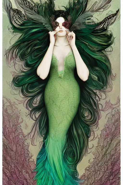 Prompt: ombre fishnet gown, queen of feathers, lace, leaves, portrait, long green hair, wings, emeralds, tattered dress, glasses, tattooed pinup, feral languid emma roberts, by anato finnstark, alphonse mucha, kilian eng and frederic leighton and rosetti, global illumination, radiant light