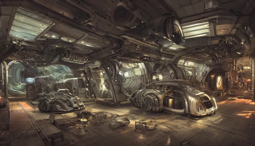 Image similar to the inside of a futuristic mechanic spaceshop coc, highly detailed interior, half - finished robot, holographic screen in center frame by peter mohrbacher, dieselpunk, firefly, cryengine render, hyper realism, realistic shading, cinematic composition, realistic render, octane render, detailed textures, photorealistic, wide shot, fanciful, colorful