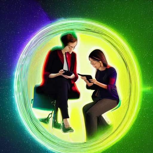 Prompt: two doctors checking their smartphones. two smartphones connected through light beams. planet earth made of neurovascular. stroke patient. digital painting, high detail, 8 k, intricate ornamental details, vibrant iridescent colors, green magenta and gold, futuristic