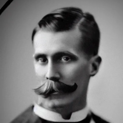 Image similar to A photograph portrait of Jerma985 with short hair and a 1910s mustache in the early 1910s, taken in the early 1910s, grainy, taken on a early 1900s Kodak Camera, realistic, hyperrealistic, very realistic, highly detailed, very detailed, extremely detailed, detailed, digital art, trending on artstation