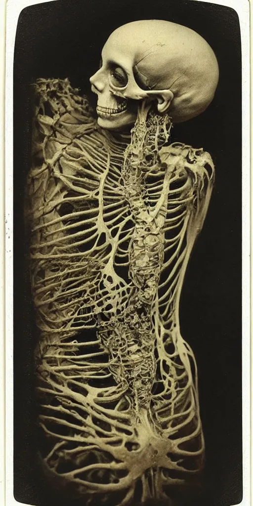 Image similar to an 1 9 1 0 polaroid photography of a very sad and detailed rotten woman corpse with fractal ornate growing around her face muscles, veins, arteries, bones, anatomical, skull, eye, ears, full body, intricate, surreal, ray caesar, john constable, guy denning, dan hillier, black and white