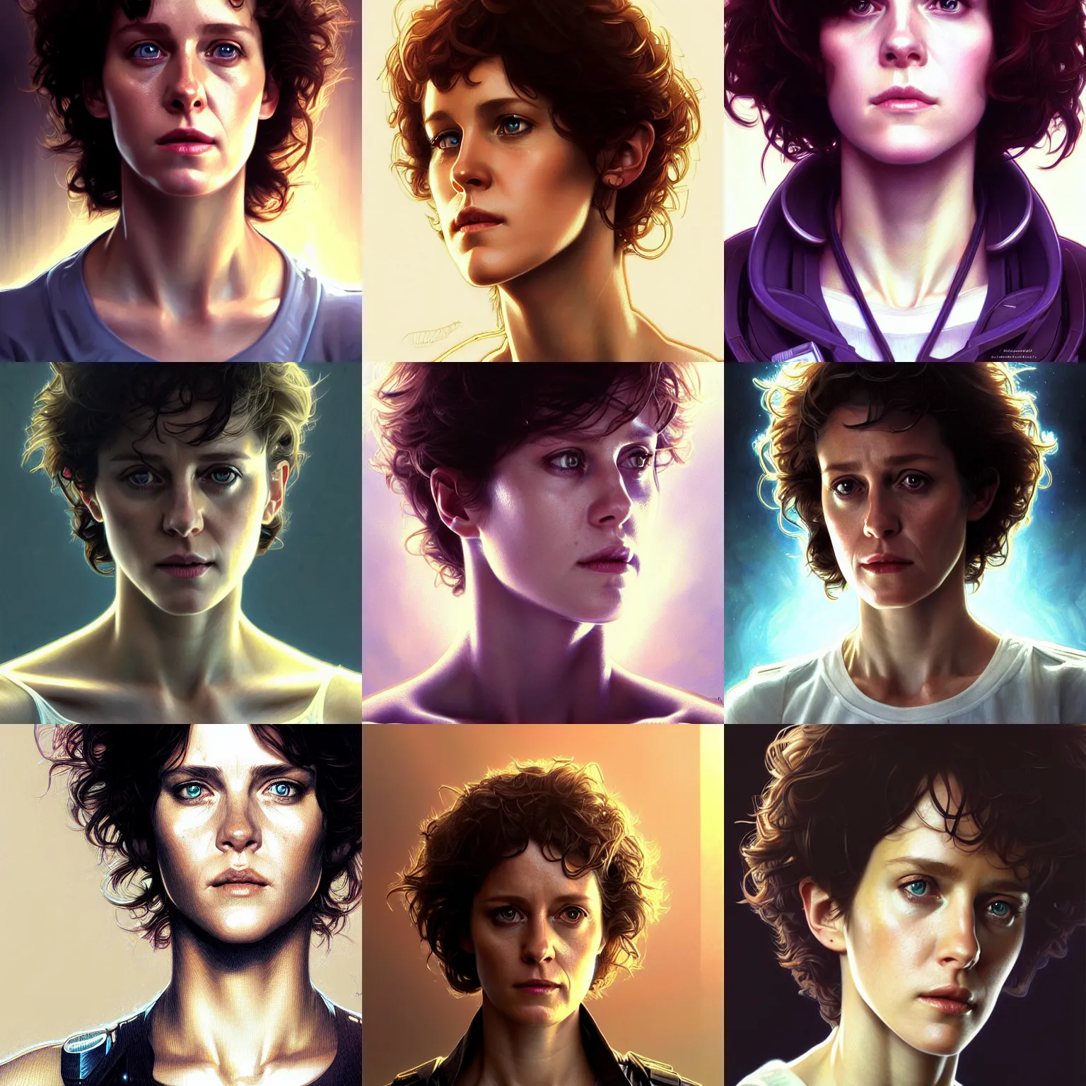 Prompt: beautiful woman, ellen ripley, close portrait, anime!!, scifi, ultra detailed, symmetry, intricate, dynamic lighting, hyperrealism, digital art, digital painting, artstation, wlop, sharp focus, illustration, art by artgerm and greg rutkowski and alphonse mucha, 8 k