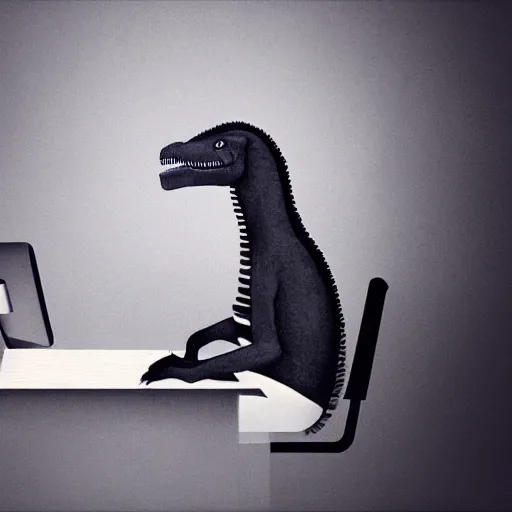 Image similar to human sitting in front of computer, but human is dinosaur, photorealistic, 5 5 mm