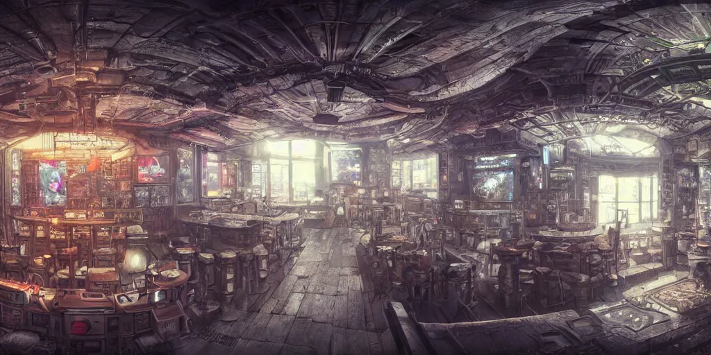 Prompt: Highly detailed realistic Digital concept interior design in style of Hiromasa Ogura and Josan Gonzalez of cyberpunk tavern with stone walls and neon lights, a lot of electronics, many details. Natural white sunlight from the transperient roof. Panorama on 360 degrees Rendered in 32K in VRAY and DaVinci Resolve and MAXWELL and LUMION 3D, Volumetric natural light