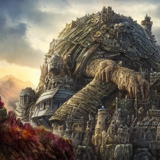 Image similar to large fantasy castle rising from the top of a giant tortoise, towering over a harsh barren wasteland, howls moving castle, mortal engines, kaiju, distant shot angled slightly up, fantasy, hyper detailed, 4 k