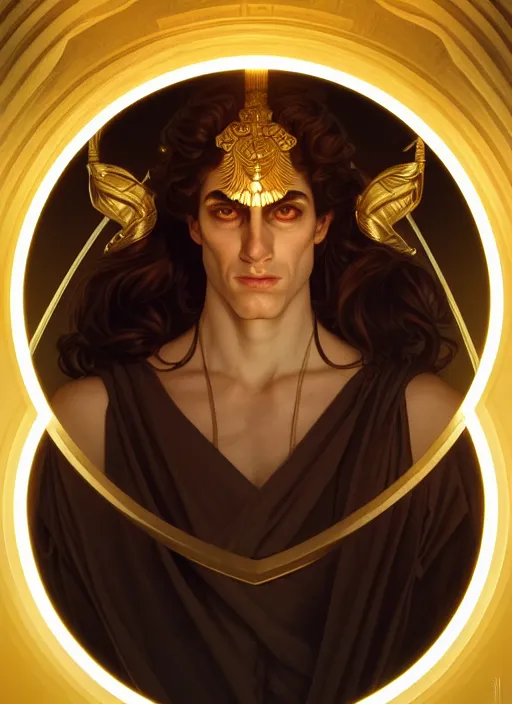 Image similar to symmetry!! portrait of hades, greek mythology, ancient greece, elegant, highly detailed, cinematic lighting, digital art, digital painting, artstation, sharp focus, illustration, art by artgerm and greg rutkowski and alphonse mucha, 8 k