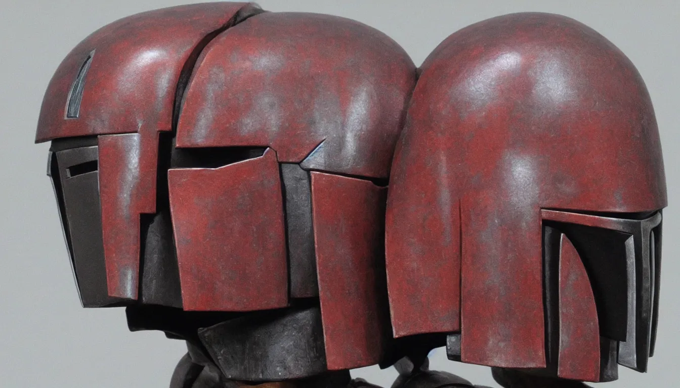 Image similar to side view of a head of mandalorian in thinking pose