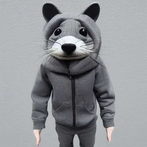 Image similar to An anthropomorphic ferret wearing a grey hoodie and a grey beanie, trending on FurAffinity