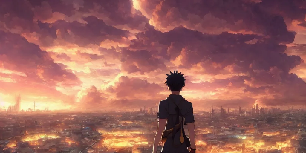 Image similar to anime character in front of an apocalyptic city and the clouds are burning, hyperrealistic, trending on pixiv fanbox, painted by greg rutkowski makoto shinkai takashi takeuchi studio ghibli, akihiko yoshida