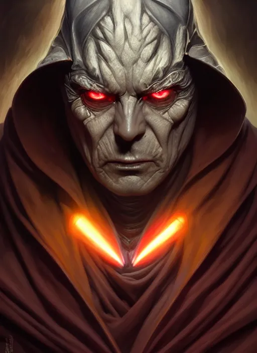 Image similar to portrait of a truly evil sith, yellow eyes, enraged, muscular, dark evil robes, intricate, elegant, highly detailed, digital painting, artstation, concept art, smooth, sharp focus, illustration, art by artgerm and greg rutkowski and alphonse mucha