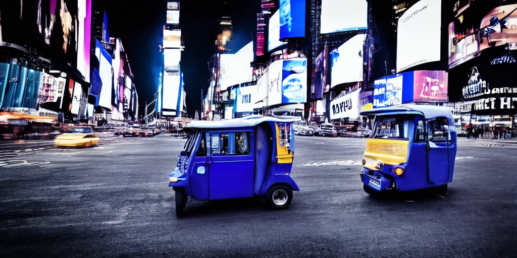 Image similar to a blue and white tuk tuk in Times Square at night, very hazy, cloudy, diffused lighting, moody, dark purple tones, shallow depth of field, 4k