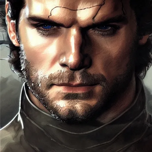 Image similar to portrait of henry cavill as solid snake, metal gear solid, upper body,, henry cavill!!!, fantasy, intricate, elegant, highly detailed, digital painting, artstation, concept art, smooth, sharp focus, illustration, art by artgerm and greg rutkowski and alphonse mucha