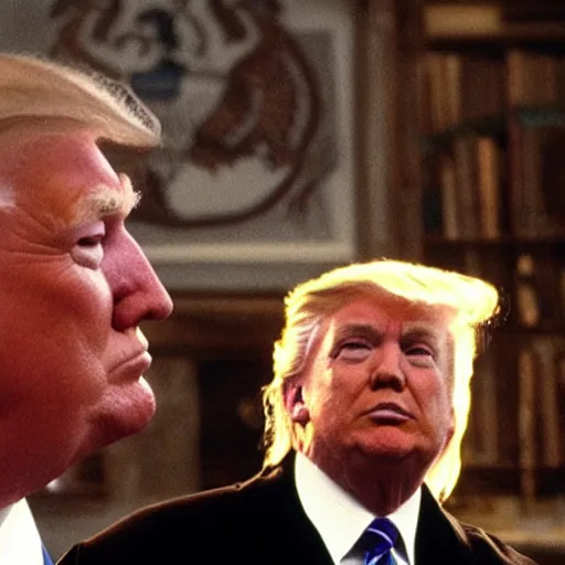 Image similar to a low angle film still of donald trump as a professor in harry potter