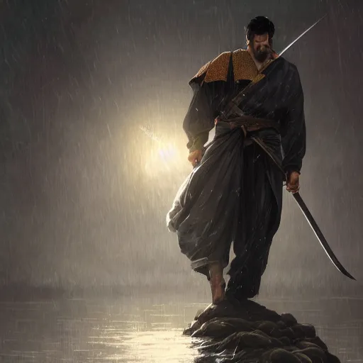 Prompt: a photorealistic dramatic fantasy render of a handsome man carrying a rough heavy sword over back and clasical japanese kimono by wlop, artgerm, greg rutkowski, alphonse mucha, beautiful dynamic dramatic dark moody lighting, shadows, cinematic atmosphere, artstation, concept design art, octane render, 8 k