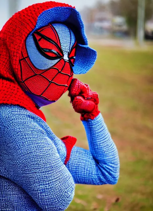 Prompt: stunning dslr photograph of ( ( ( ( granny spiderman ) ) ) ) in rural russia town, knitted suit, closeup, dynamic pose, closeup, aperture 1. 2