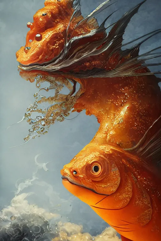 Prompt: a portrait of a japanese devil gold fish illustrated by miyazaki by karol bak, james jean, tom bagshaw, rococo, sharp focus, trending on artstation, cinematic lighting, hyper realism, octane render, 8 k, hyper detailed, vivid, ultra detailed, highly detailed