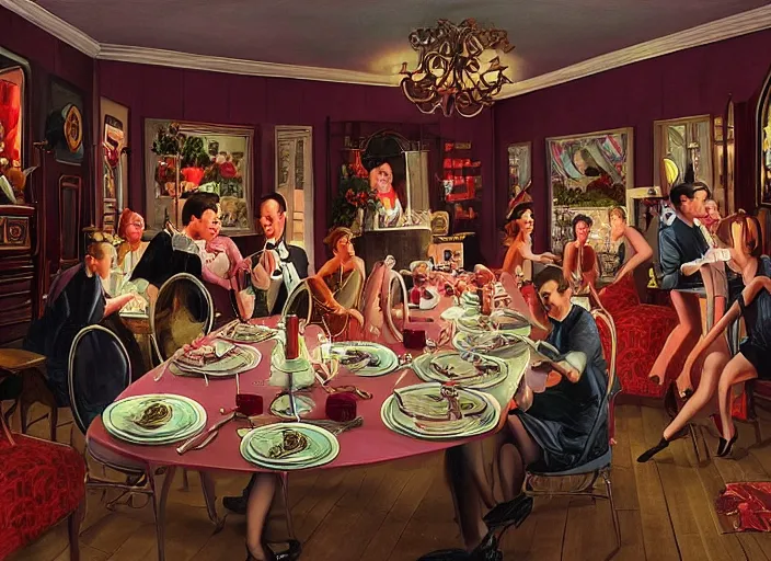 Image similar to inside 1 9 5 0 s dinner, lowbrow, matte painting, 3 - d highly detailed, in the style of mark ryden,