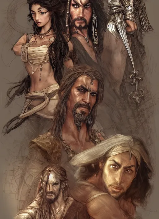 Prompt: detailed pencil spot illustrations ofcharacter concept from the prince of persia game and pirates of the caribbean movie, various poses, by burne hogarth, by bridgeman, by anthony ryder, by yoshitaka amano, by ruan jia, by conrad roset, by mucha, artstation, artstation.