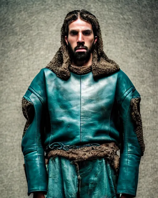 Prompt: an award - winning photo of a ancient male model wearing a plain baggy teal distressed medieval designer menswear leather jacket slightly inspired by medieval armour designed by kanye west, 4 k, studio lighting, wide angle lens