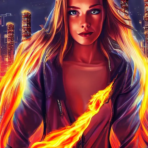 Prompt: beautiful young blonde with long hair woman from behind with flames coming out of hands flying in a cyberpunk city, very detailed, realistic, symmetrical face, art by digital painting,