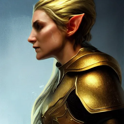 Prompt: elf profile view with armor in golden and silver colors and a curve long sword, full body, epic masterpiece of cinematographic hyperrealism, realistic shaded lighting poster by craig mallismo, artgerm, jeremy lipkin and michael garmash, unreal engine, radiant light, detailed and intricate environment, digital art, art station trends