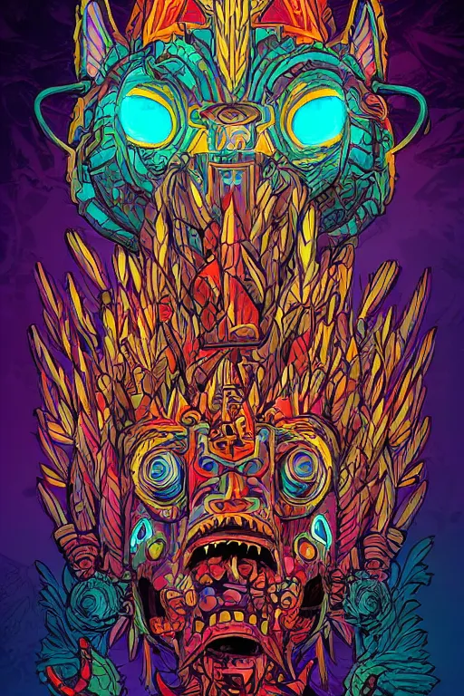 Image similar to totem animal tribal chaman vodoo mask feather gemstone plant wood rock video game illustration vivid color borderlands by josan gonzales and dan mumford radiating a glowing aura