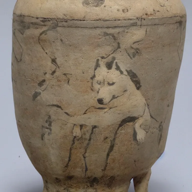 Image similar to ancient greek urn painted with a shiba inu god, good condition, well preserved archeological find