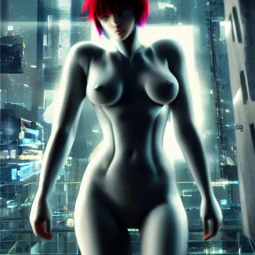 Image similar to ghost in the shell inspired avant-garde art, deco fashion, highly detailed, photorealistic portrait, bright studio setting, studio lighting, crisp quality and light reflections, unreal engine 5 quality render