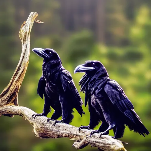 Prompt: three raven sitting on a branch. highly detailed. dramatic lighting.