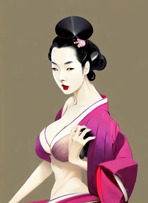 Prompt: glamorous and sexy Geisha, beautiful pale makeup, pearlescent skin, seductive eyes and face, elegant japanese woman, lacivious pose, very detailed face, seductive, sexy push up bras, pale and coloured kimono, photorealism, official fanart behance hd artstation by Jesper Ejsing, by RHADS, Makoto Shinkai and Lois van baarle, ilya kuvshinov, rossdraws