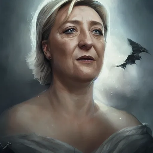 Image similar to Portrait of Marine le Pen , french revolution, heroic, amazing splashscreen artwork, splash art, head slightly tilted, natural light, elegant, intricate, fantasy, atmospheric lighting, cinematic, matte painting, detailed face, by Greg rutkowski