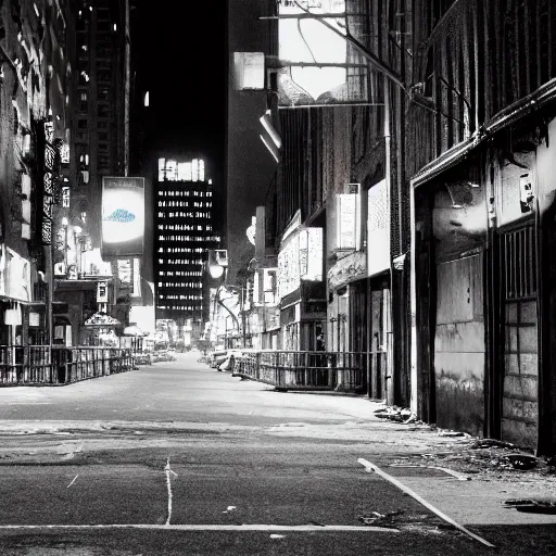 Image similar to color photograph, highly detailed abandoned New York city street at night after the war between humans and AIs, film grain, soft vignette, sigma 85mm f/1.4 1/10 sec shutter, film still promotional image, IMAX 70mm footage