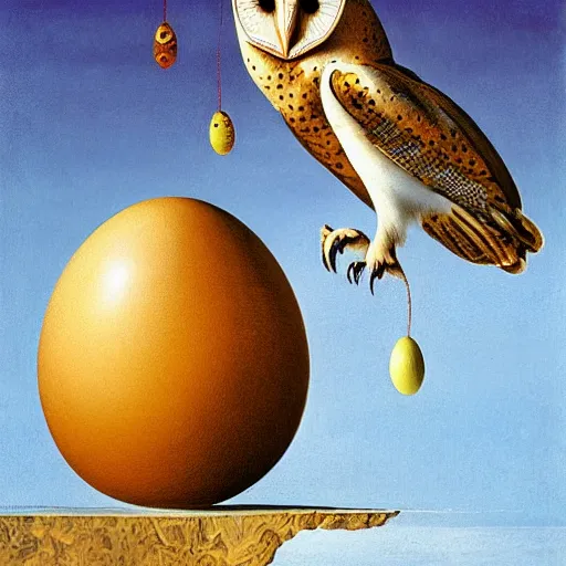 Image similar to A pair of barn owls and a floating egg, oil painting by Salvador Dali