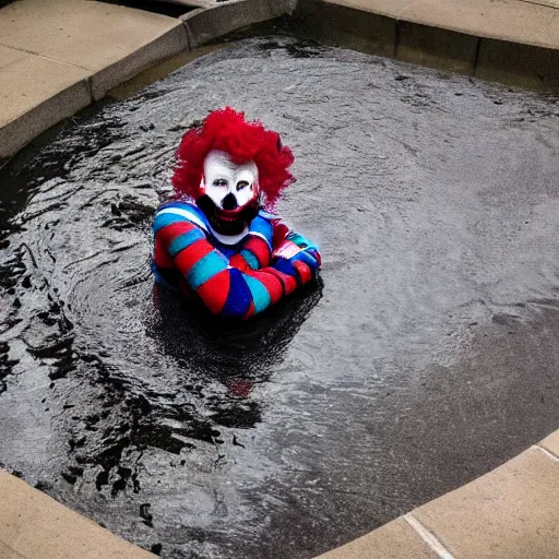 Prompt: A creepy clown emerging froma puddle of water, dramatic