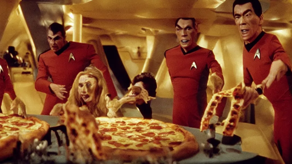 Image similar to giant monsters made of pizza and sharp teeth eating people, star trek, film still from a movie directed by Denis Villeneuve with art direction by Salvador Dalí, wide lens