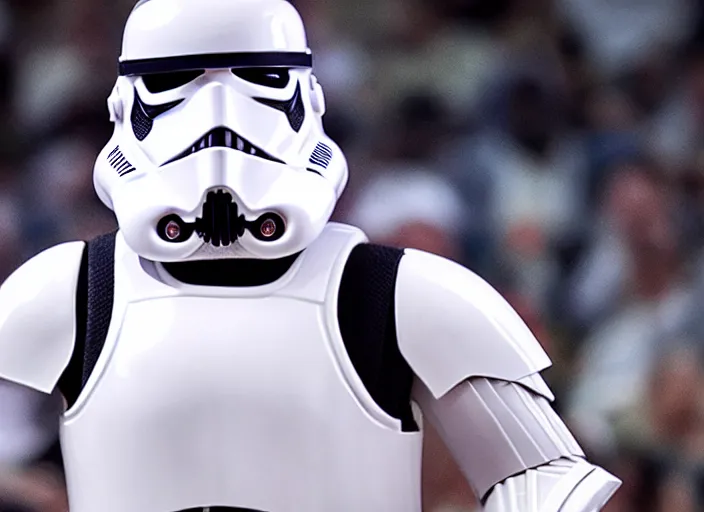 Prompt: ESPN still of Storm trooper playing in the nba playoffs live on espn, 4k