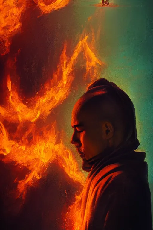 Image similar to A profile of a single monk meditating in flames by Afshar Petros, Trending on artstation.