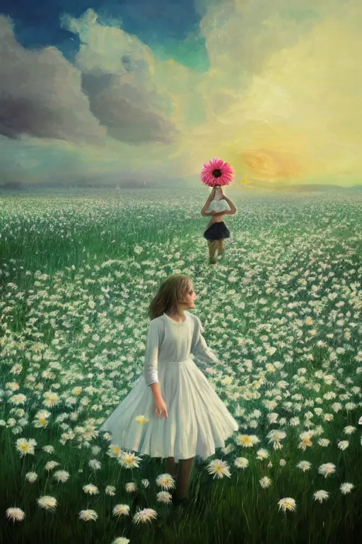 Image similar to giant white daisy flower as face, girl dancing in a flower field, surreal photography, sunrise, dramatic light, impressionist painting, colorful clouds, digital painting, artstation, simon stalenhag