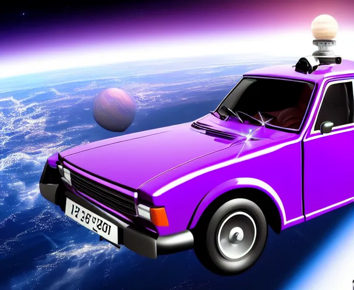 Image similar to purple lada 2 1 0 9 in space in orbit of the planet earth, lada 2 1 0 9 looks like a spaceship, hyper detailed, hight detailed, futuristic, ultra realistic, no blur, 8 k