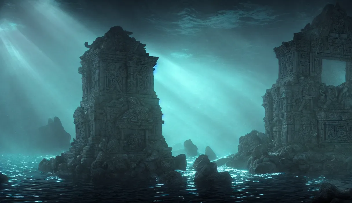 Image similar to low ultrawide shot, dark, underwater statues, submerged pre - incan temple with carvings, abyss, stylized, anime style mixed with fujifilm, detailed gouache paintings, crepuscular rays, dark, murky, foggy, atmospheric, artstation, cgsociety, unreal engine 5, octane render