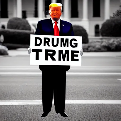 Prompt: a photo of Donald Trump holding a sign saying 'I hate signs !', desaturated photo, cinematic